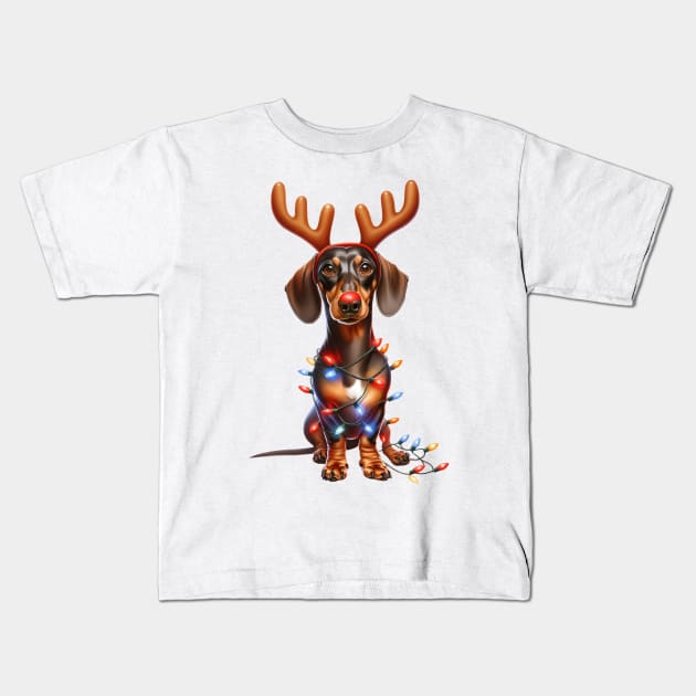 Christmas Red Nose Dachshund Dog Kids T-Shirt by Chromatic Fusion Studio